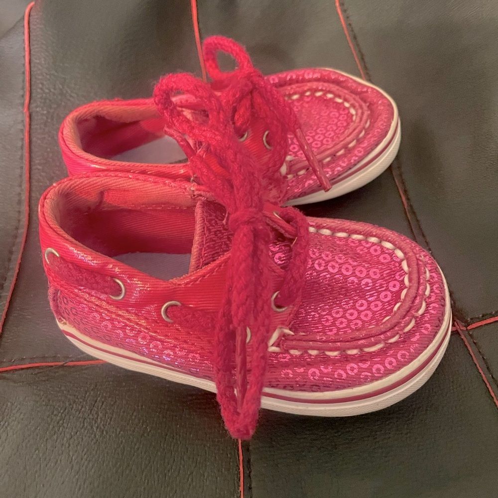 SPERRY TOP-SIDER Infant Girl Baby Pink Sequin Look Bling Shoes Sz 1
